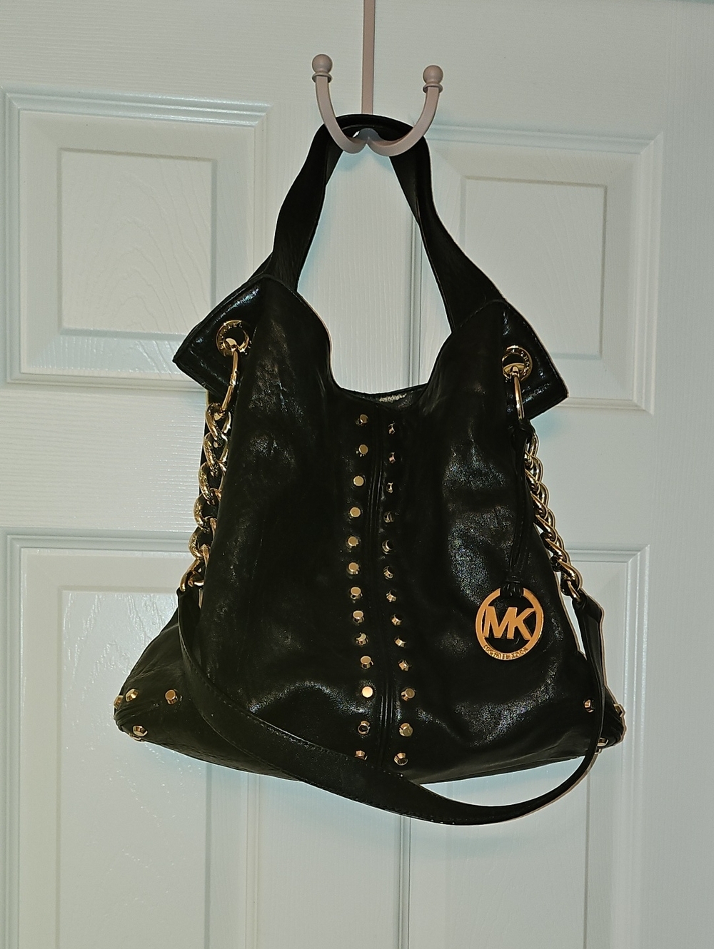 Michael Kors Black Leather Studded Shoulder Tote with Gold Hardware